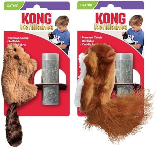 KONG Refillables Catnip Toys, Assorted 2-Pack – Plush Cat Toys with Refillable Catnip Pouch & Premium North American Catnip (Beaver and Squirrel)