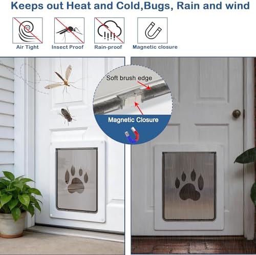 CEESC Medium Dog Door, Snap-in Closing Panel, Up to 35 lbs, Durable, White | Flap 9.06"x11.38", cut-out 9.56"x12.19". Fits doors 1.25-2.06in. Weatherproof ABS, magnetic seal