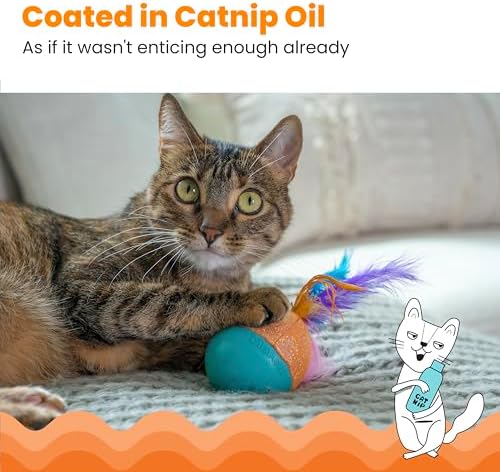 Catstages Whack N' Wobble Ball Intearctive Cat Toy, Weighted Ball with Feathers, Bell, Glitter Fabric & Catnip Oil, Turquoise