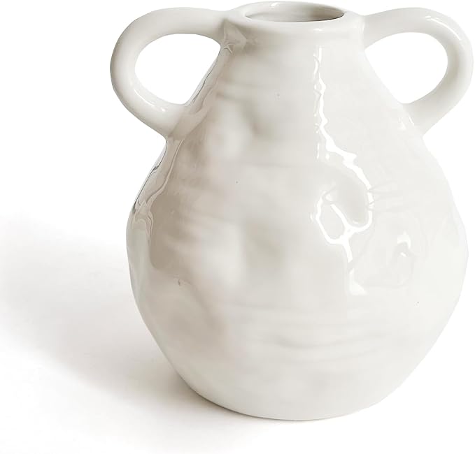 LIFFY Ceramic Vase for Flowers, 6.3 Inch Tall Farmhouse Centerpiece with Double Handles, Rustic Terracotta & Modern Navy White - Home Table Decor (White)