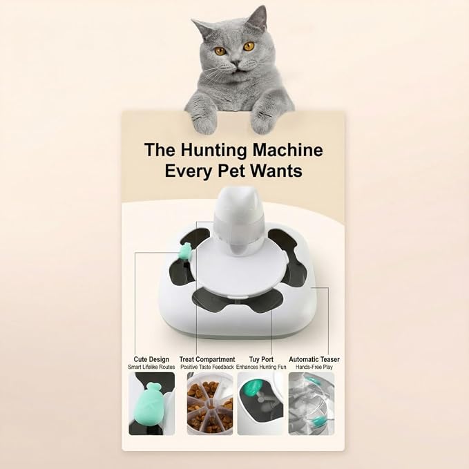 Interactive Cat Toy for Indoor Cats, Cat Enrichment Toy for Boredom and Mental Stimulation, Automatic Motion Hands-Free Play with Optional Treat Dispenser, Anti-Slip Base
