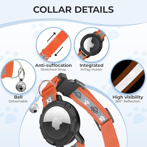 Breakaway AirTag Cat Collar, Reflective Cat Tracker Collar with Bell | Built in AirTag Holder, Adjustable 8.5-12in for Cats, Kittens and Puppies, Safety Elastic Band, Reflective for Night Walking