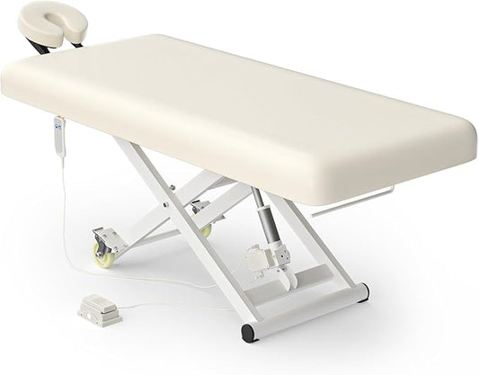 Electric Massage Table Bed - Facial Spa Treatment Table, Esthetician Bed with Wheel, Hand & Foot Pedal Dual Control Adjustable Height 440lbs, Professional Salon & Beauty Spa Use (Beige)