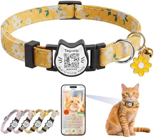 Breakaway Cat Collar with QR Code ID Tag, Adjustable Cotton Kitten Collar with Bell, Scan to Find My Family Personalized Pet Info, Cute Flower Design for Indoor Outdoor Cats,Flower Pendant(Yellow)