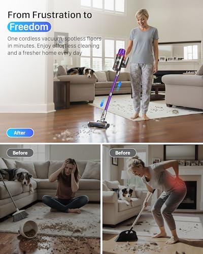 Cordless Vacuum Cleaner for Home - Powerful Stick Vacuum with HEPA Filter, 55-Min Runtime, LED Light, Anti-Tangle Brush, Detachable Battery,Lightweight Vacuum for Pet Hair,Carpets & Hard Floors