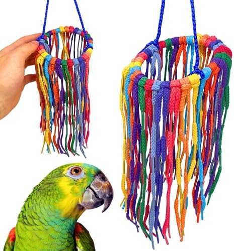 Bonka Bird Toys 51214 Small Aglet Heaven Cotton Shoelace Toy with Plastic Aglets and 2" Ring for Parakeets Cockatiels Quakers Pionus Small Bird Enrichment (Pack of 2)