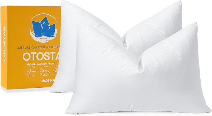 OTOSTAR Pack of 2 Down and Feather Throw Pillow Inserts, 12 x 20 Soft Fluffy Pillow Inserts with 100% Cotton Cover Decorative Pillows for Sofa Couch Bed-White
