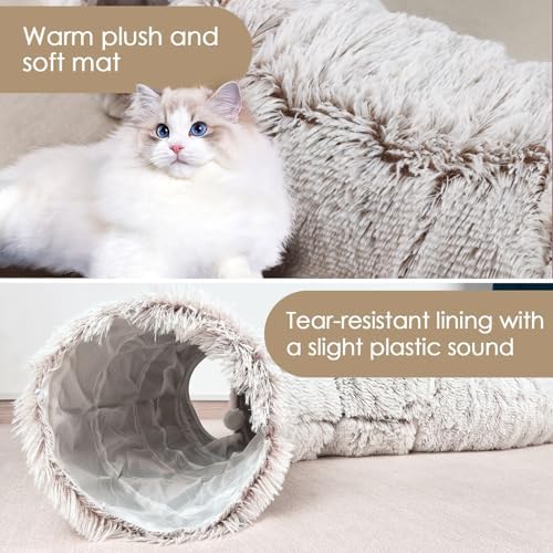 Peekaboo Cat Cave with Washable Mat, Collapsible Cat Play Tunnel for Kittens & Small Pets, Plush Cat Donut Bed Tunnel, Brown