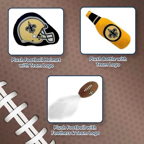 BEST PLUSH CAT TOY: NFL NEW ORLEANS SAINTS Complete Set of 3 piece Cat Toys filled with Fresh Catnip. Includes: 1 Helmet Cat Toy, 1 Football Cat Toy with Feathers & 1 Beer Bottle. Beautiful Team LOGOS