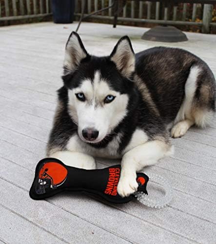 Pets First NFL Cleveland Browns Football Dental Tough Dog TUG Bone Toy with Built-in Squeaker Attached to a Safe Rubber Teething Toothbrush PET Toy, Team Color, 14 x 5 (CLE-3310)
