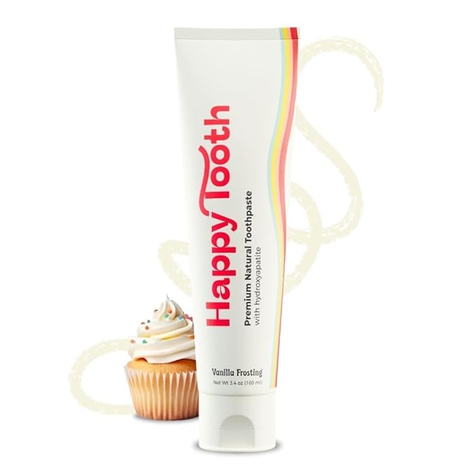 Happy Tooth Hydroxyapatite Toothpaste, Fluoride Free, Natural Whitening for Kids, Toddlers and Adults, SLS Free, Enamel Safe, Dentist Formulated with Clean Ingredients, Vanilla Frosting Flavor, 3.4oz