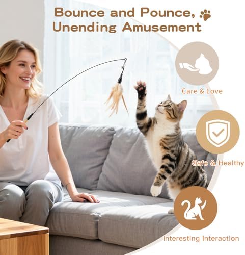 Pawaboo Cat Feather Wand Interactive Toy, 2 Feathers + 1 Wand with Bell