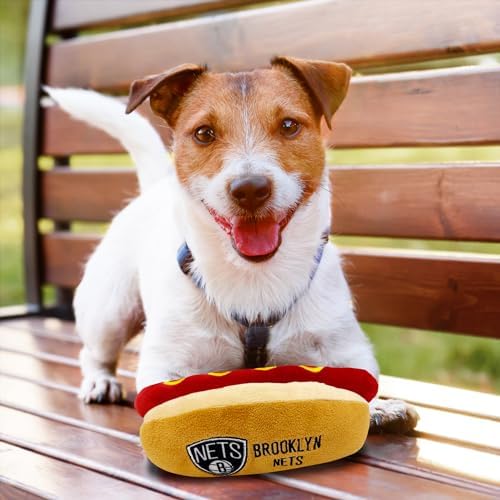 Pets First NBA Brooklyn Nets HOT Dog Plush Dog & CAT Squeak Toy - Cutest HOT-Dog Snack Plush Toy for Dogs & Cats with Inner Squeaker & Beautiful Basketball Team Name/Logo