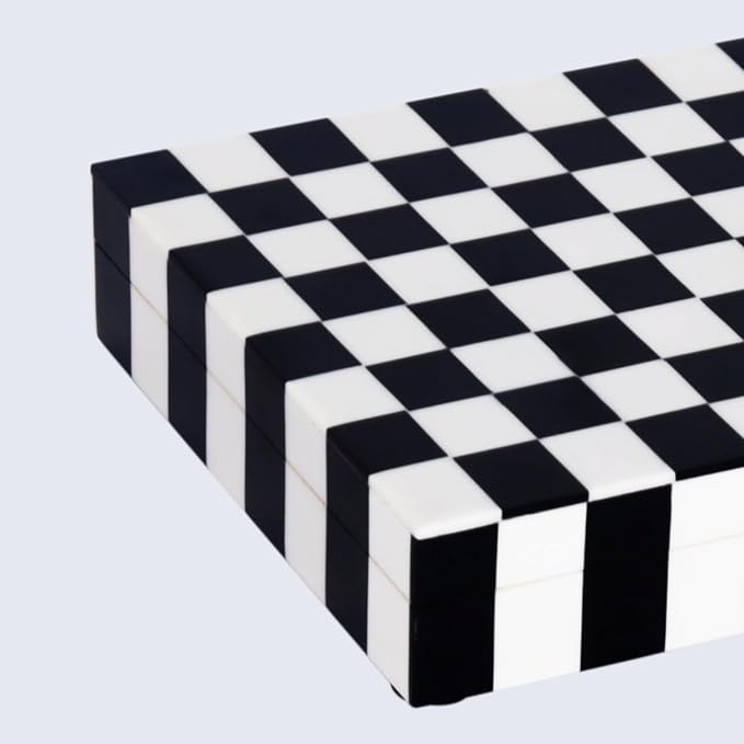 Handicrafts Home Decorative Storage Box with Lid, Black and White Decorative Box for Remote Controls, Slim Coffee Table Storage Box for Shelf, Desk & Living Room Decor, Puzzle Check 8 x 6 x 1.5 Inch