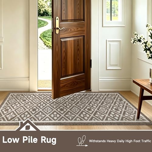 Ileading Hallway Runner Rug 2x10 ft,Washable Indoor Brown Entryway Carpet with Non Slip Rubber Backing,Low Pile Heavy Duty Kitchen Floor Mat for Entrance & High Traffic Areas