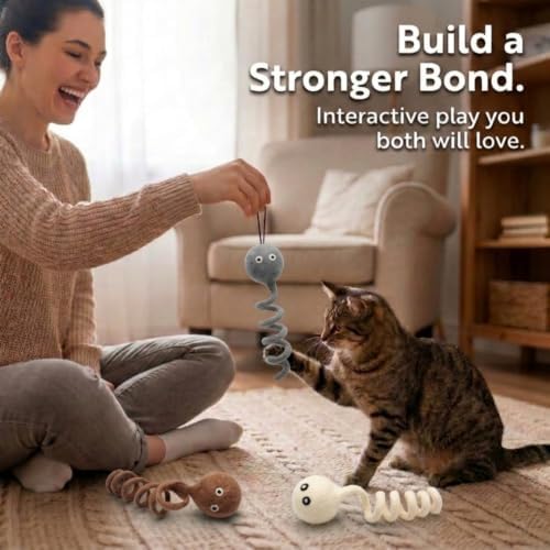 Glaciart One Felt Spring Cat Toy – 3 Pcs Soft Fuzzy Enrichment 100% Natural Wool - Interactive Stretchable Play Set - Safe for Pets, Non-AZO Colored Dyes - 4” Long