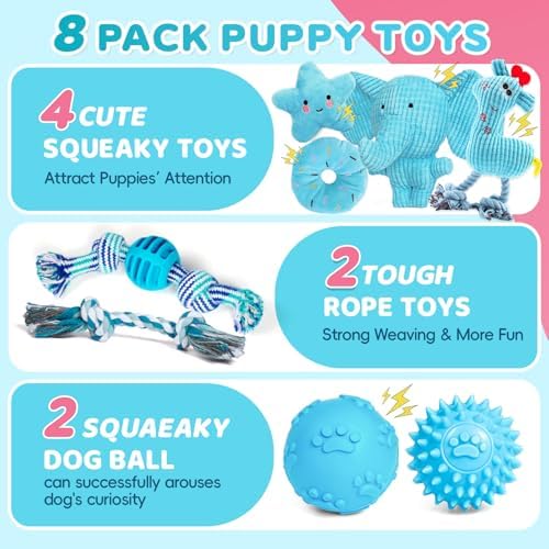 8 Pack Luxury Puppy Toys for Teething Small Dogs, Puppy Chew Toys with Squeaky Dog Toys, Balls and Rope Dog Chew Toys, Dog Toys to Keep Them Busy (Blue, 8-Pack)