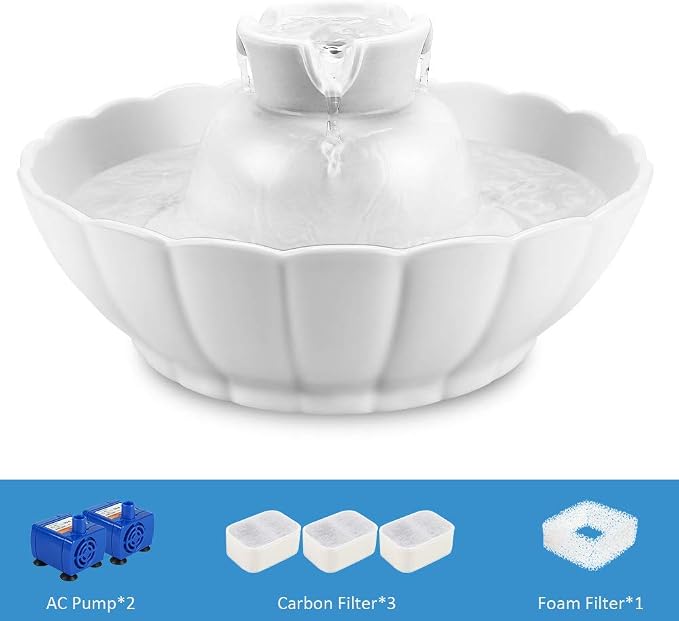 iPettie Tritone Ceramic Cat Water Fountain, Heavy-Duty Waterer for Pets | 2.1 Liters / 2.2 Quart Filtered Water Purifier with Replacement Filters and Foam, White