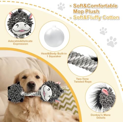 11.02 Inch Grey Donkey Mop Squeaky Dog Toy with Rope Neck, Plush Chew Toy for Puppy Teething, Interactive Tug of War Toy for Small Medium Large Dogs