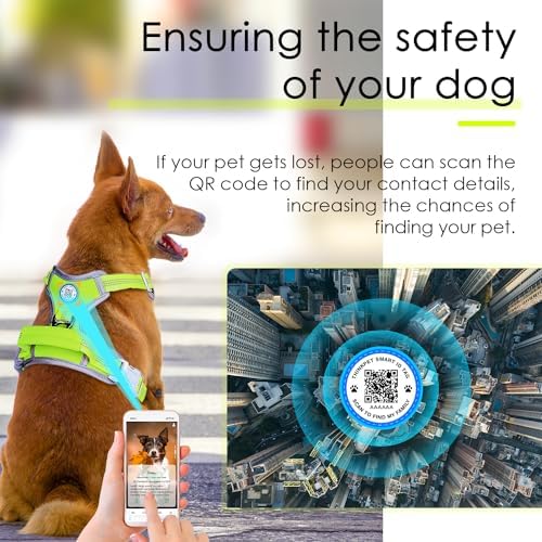 ThinkPet No Pull Harness Breathable Sport Harness with QR Code Dog Tag Reflective Dog Harnesses Smart ID Tagwith Handle Adjustable for Medium Large Dogs Back/Front Clip for Easy Control S Green
