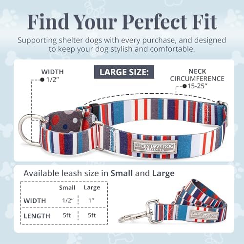 Lucky Love Dog Martingale Collar & Leash Set No Slip Cute – Linus, Large