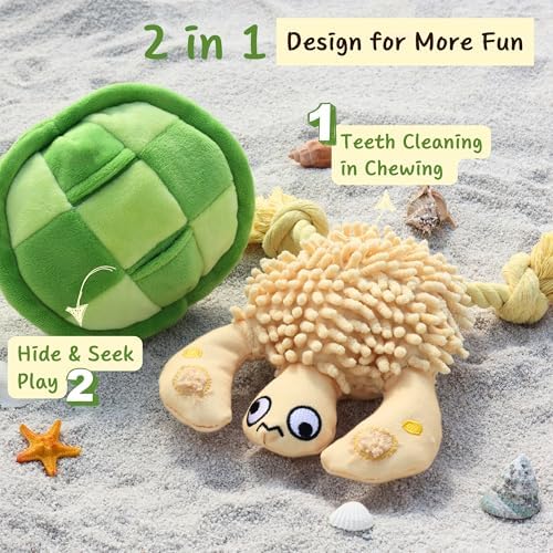 Interactive Dog Toys, Durable Chew Squeaky Tug of War Toys for Large Medium Small Dogs, Snuffle Puppy Toy for Teeth Cleaning, 2 in 1 Puzzle Toy, Birthday Gift -Turtle