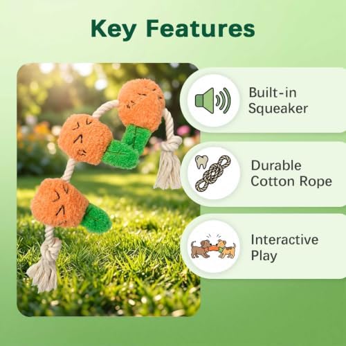 Orange Carrot Dog Rope Toy, Squeaky Plush Tug for Small Medium Dogs