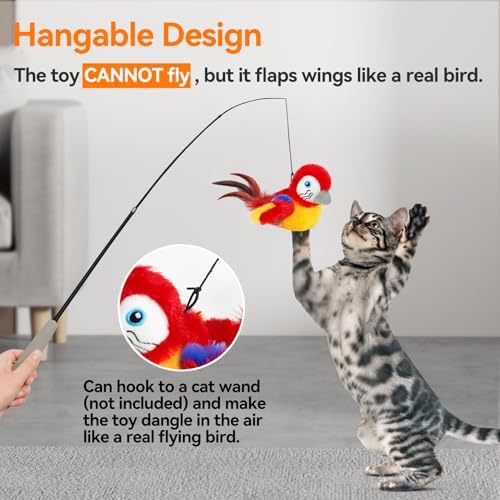 Cat Toys Flapping Bird(Cannot Fly), Electric Simulated Chirping Bird Interactive Kitten Toy with Flappy Wings, Rechargeable Touch Activated Toy with Catnip and Feather for Indoor Cats - Red