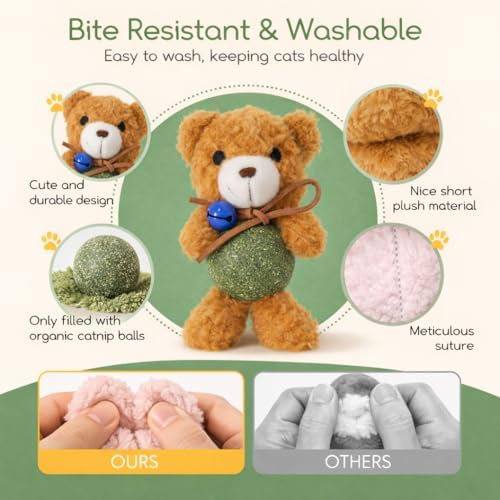 Cat Toys with Catnip Kitten Chew Bite Supplies Boredom Relief Fluffy Kitty Teeth Cleaning Chewing Cat Lovers Interactive Plush Gift (New Bear)