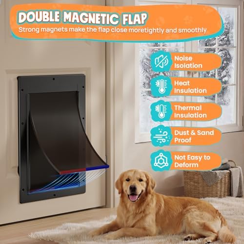 Large Dog Door for Door, Pets Up to 100lb | Durable Plastic Frame, 2 Magnetic Flaps, Closing Panel, Block Wind & Snow, Easy Install for Interior & Exterior Doors