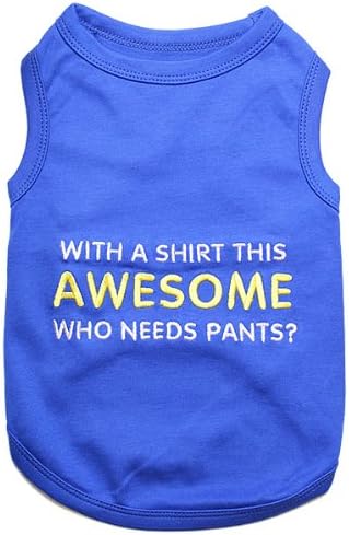 Parisian Pet Dog Tshirt - Embroidered “ Awesome “ Tank Top - Pure Cotton and Lightweight Dog Clothes - Blue Pet Vest - Sleeveless Tee Shirts for Medium Dogs Boy