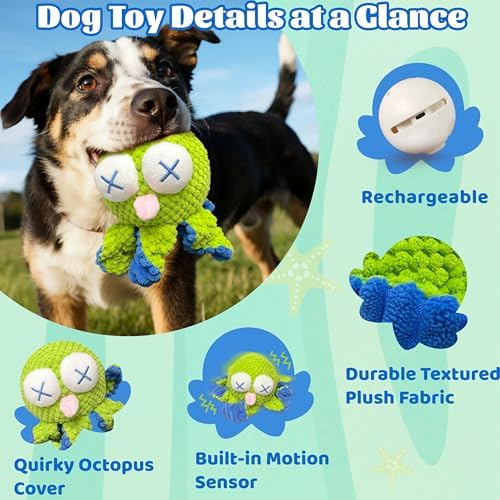 Interactive Octopus Dog Toys, Rechargeable Moving Toy with Bouncing Ball | Music, Recording & Silent Modes – Moving Dog Toys to Keep Them Busy for Small, Medium & Large Breeds