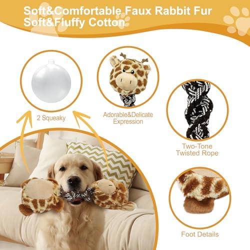 Giraffe Plush Squeaky Dog Toy with Rope Neck Puppy Teething Chew Toy Cute Soft Fun Multi-Functional Interactive Tug of War Dog Rope Toy for Small Medium Large Dogs Toy Gift 30cm/11.81in