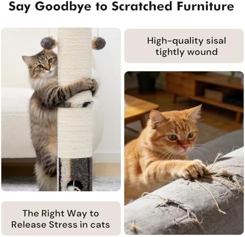 Woochpet Cat Scratching Post 34"Tall Grey Sisal Scratcher Tree With Cat Toy