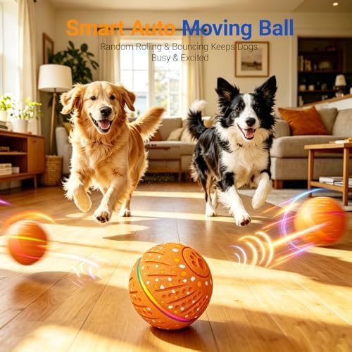 Interactive Dog Ball Toy, Automatic Rolling & Bouncing, LED, Orange