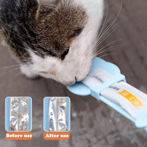 Cat Treat Spoon Squeeze & 3 Pcs Can Lids | Cat Treat Feeder for Liquid Snack | Universal Silicone Pet Can Covers BPA Free | Churu Spoon Dispenser(Blue)