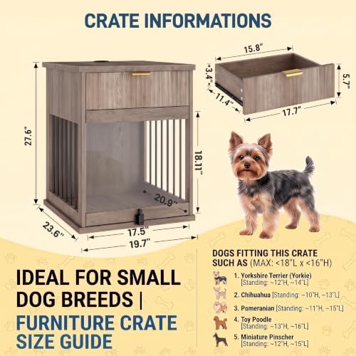 Dog Crate End Table with Charging Station, Wooden Dog Kennel Furniture with Hideaway Tempered Glass Door, Multi-Functional Pet Station Side Table with Storage Drawer (Antique Grey)