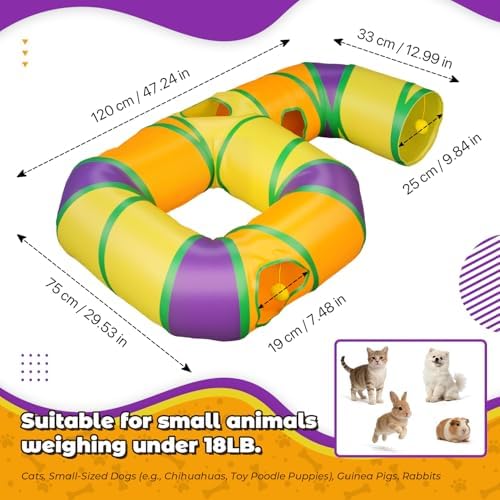 Cat Tunnel for Indoor Cats 6-Shaped, Collapsible Cat Playhouse Pet Play Tunnel Tube Maze with Hanging Pom-Poms and Interactive Hole for Kitten, Kitty, Puppy, Rabbits, Ferret, Guinea Pig