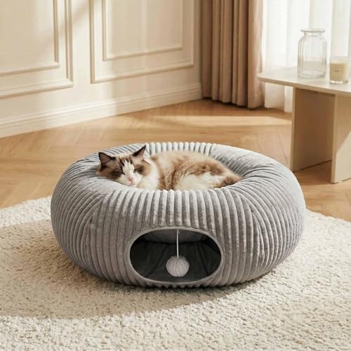 31 Pcs Interactive Cat Toys for Indoor Cats, Cat Tunnel with Moving Ball, Cat Toy Launcher, Catnip Toys, Chew Rope, Feather Wand, Springs and Balls for Indoor Kittens, Grey