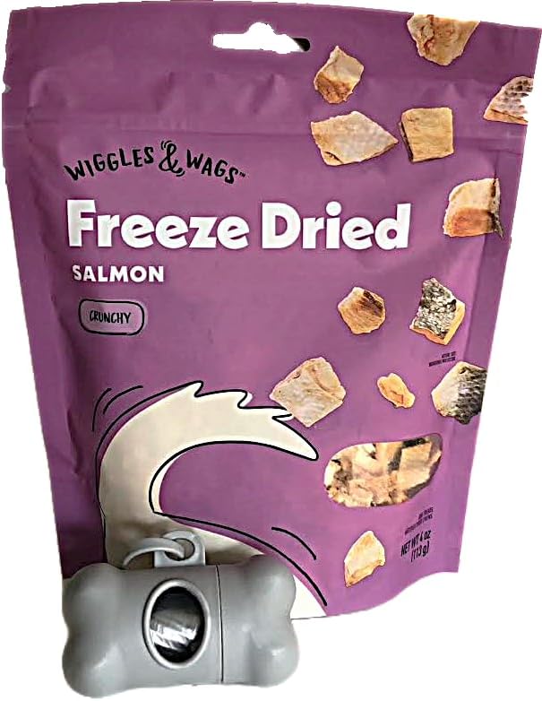 Wiggles & Wags Freeze Dried Salmon Crunchy Dog Treats. Plus Colors Vary Bone Shaped Dispenser & Dog Waste Roll. (1-4 oz) 113g Bag.