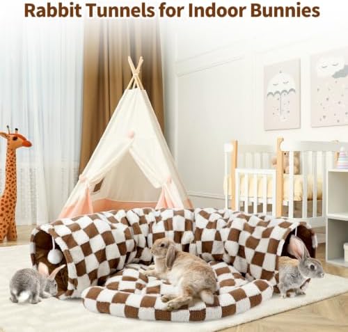 BWOGUE Bunny Tunnel Bed, Brown Plaid 2-in-1 Rabbit Tunnel Hideout with Mat