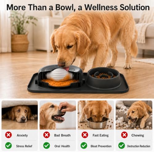 2-in-1 Slow Feeder Dog Bowl with Licking Rolling Ball, Leak-Proof One-Piece Dog Lick Bowl for Kibble and Liquid Treats, Anti-Choking Oval Ball Enrichment Toy for Boredom Anxiety Relief