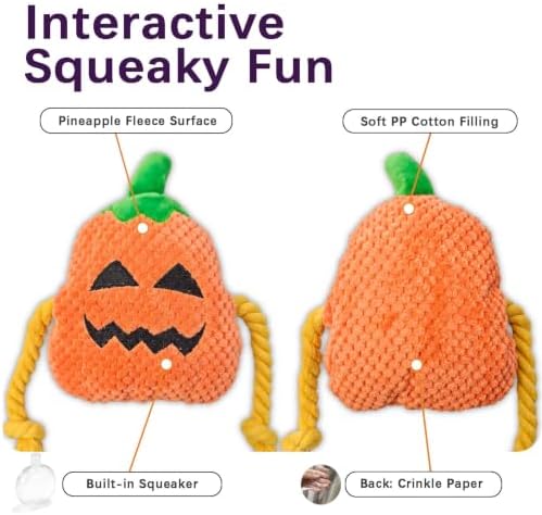 Orange Pumpkin Squeaky Plush Dog Chew Toy, 10.6 in Rope Crinkle Toy