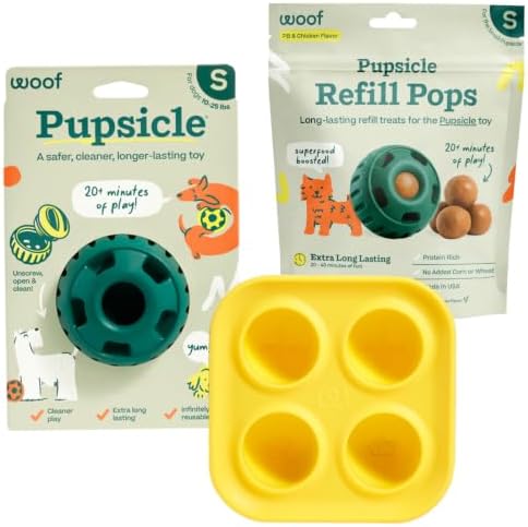 WOOF Starter Pack Dog Treat Toy for Small Dogs 10-25 lbs | Long-lasting enrichment kit, Pupsicle toy included, reusable treat mold, chicken Pops, DIY frozen treats