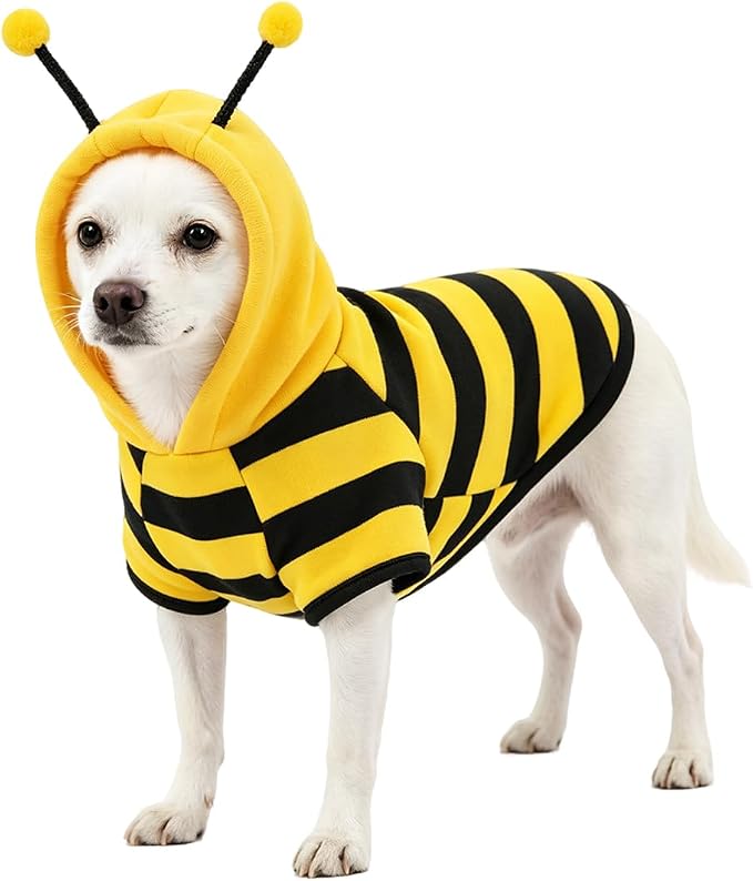 Fleece Lined Bumble Bee Design Dog Hoodie Costume with Antennae, XS | Four Seasons Cute Pet Clothing & Halloween Cosplay For 2-18 Lbs Dog Cat French Bulldog Chihuahua Pinscher Poodle Dachshund