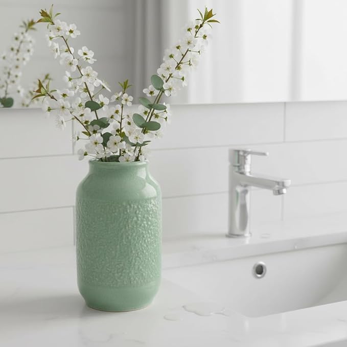 Ceramic Flower Vase, 9 Inch Green Vases for Home Decor, Modern Vase, Centerpieces, Table, Shelf, Console Cabinet, Entryway, Living Room, Bathroom, Office Decor