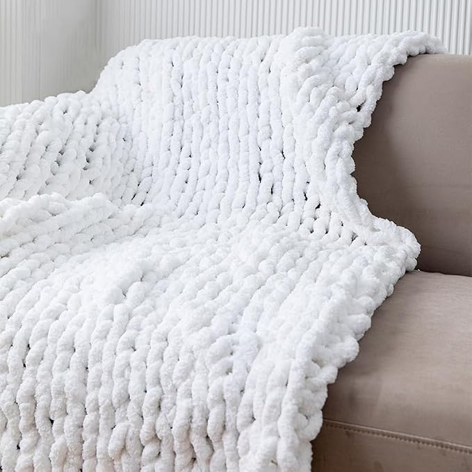 Soft Chunky Knit Throw Blanket for Couch, Cozy Warm Knitted Blankets | Hand Knit with Jumbo Chenille, Lightweight Warm Fluffy Decor for Women, Mom, Her & Girls, Sofa, Chair, Bed, 40"×40" (White)