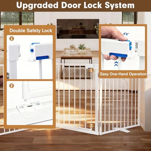156" Extra Wide Dog Gate, Heavy Duty Metal Freestanding Dog Gate with Door for Indoor & Outdoor, Foldable Pet Fence for Doorways,House,Porch,Deck,Yard,Stairs, Auto Close(6 Panels,White)