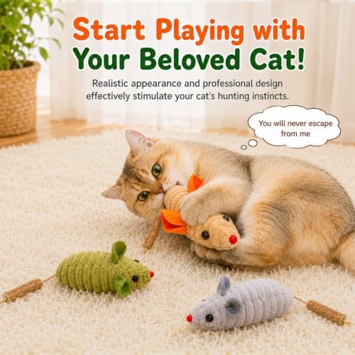 Cat Mouse Toy, 3-Piece Set of Catnip Mice, Interactive Cat Toy for Kittens