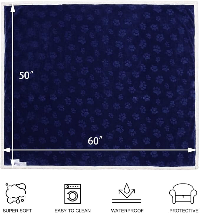 Waterproof Blanket for Bed, Dog Blankets for Large Dogs, Waterproof Cat Blanket Washable, Soft Sherpa Fleece Puppy Blanket, Reversible Throw Protector for Couch Car, 50"X60", Navy Blue